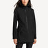 Front view of women’s black long waterproof rain shell on model – Louvóre apparel
